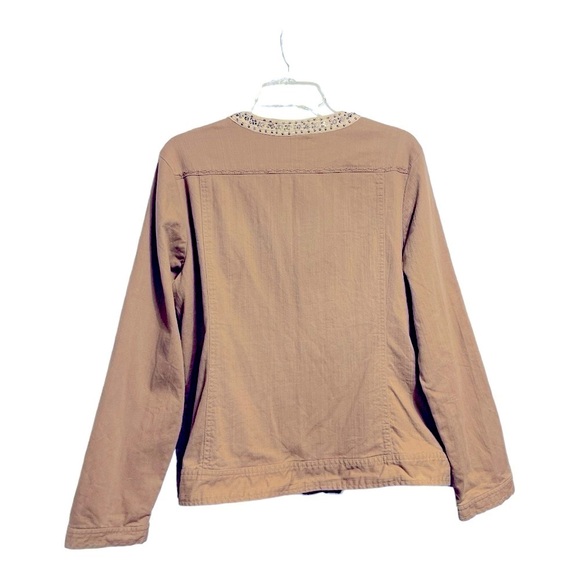CHICO’S  Jacket Khaki with stitching details and Embellished Snap Front Size 2 - Picture 2 of 13